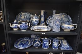 A large quantity of blue and white Wedgwood, decorated depicting scenes of the English and Chinese