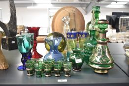A good selection of vintage glass including a Czech decanter set, a ruby red goblet and green