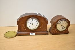 Two early 20th century mantel clocks, inlaid decoration, large clock key operated, w23cm, small