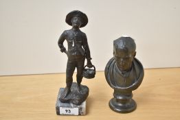 An early 20th century cast patinated metal figure of a fisherman with basket supported on a