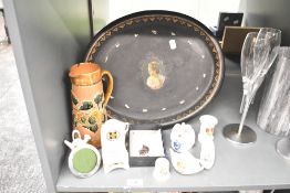 A mixed lot including a paper-mache tray with Mother of Pearl inlays, a Royal Doulton stoneware ewer