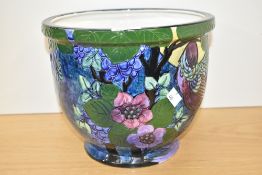 A vibrant Art Deco Thomas Forrester Trogan Ware bird jardiniere, signed 'R.Dean' to side, 22.5cm.