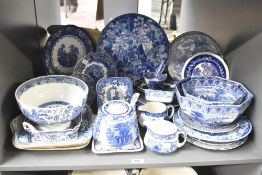 A large collection of blue and white pottery, to include Cauldon, Willow Wedgwood, Copeland Spode,
