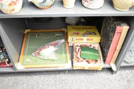 A shelf of mixed vintage Toys including Meccano, Minibrix part sets 1 & 3 and a Super Soccer table