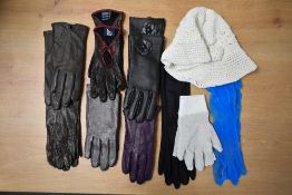 Six pairs of ladies leather gloves in colours ranging brown, purple, metallic, black, to include a