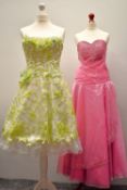 Five modern evening occasion or bridesmaids' dresses, in shades of pink to red, showcasing various