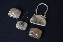 Four late 19th to early 20th century coin purses. Three mother of pearl coin purses in sizes
