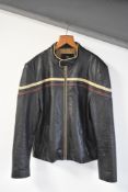 A 1990s Matinee leather racing biker jacket in black genuine leather, featuring burgundy and cream
