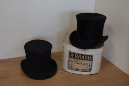 Two antique top hats, a 1910s R. Brash of Lancaster. squire/high top hat in all black silk, in