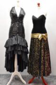 Eleven 1970s to 1980s cocktail and evening dresses, featuring motifs typical of the era such as
