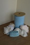 A lace haberdashery bundle containing a large quantity of baby blue lace edging 1.75' wide on a