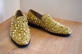 A pair of gold metal studded and spiked glitter smoking loafers, size 44, narrow fit, very good