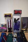 A quantity of vintage mens neckties, boxed bow ties including bugundy velvet example, along with a