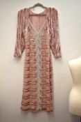 A one-off sample embellished evening dress. Dusty pink crepe embellished throughout with