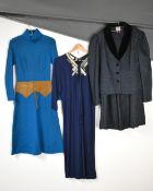 Three vintage ladies outfits, comprising a Sally B teal wool and tan suede belted dress, approx size