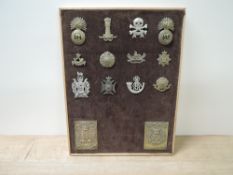 A framed board of 2 Military Plates and 12 Military Cap Badges, 18th Foot Royal Irish Regiment and