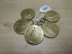 Five WWI Victory Medals named to 63364 PTE.J.E.GROSVENOR.R.A.M.C, 10806 SJT.J.W.BUTTON.BORD.R, 41240