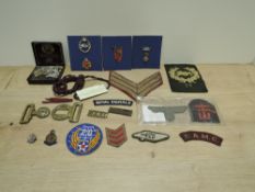 A collection of Military items including two 1944 Normandy Landings cloth patches, Headquarters