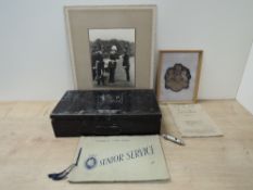 A ARP Storage Tin, Acme Guide Whistle, 13103201 W Edwards Release Book, Kings Own cloth patch in