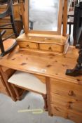 A modern pine dressing table , with free standing mirror and stool, width approx. 135cm