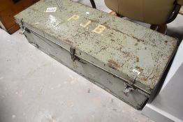 A vintage tin travel trunk, monogram PJB, width approx. 112cm
