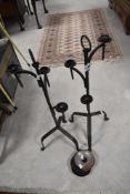 Two wrought iron candle stands etc