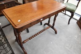 A Victorian mahogany sofa table having shaped apron and turned frame, approx. Dimensions W91 D45