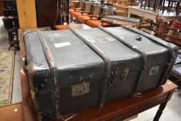 A vintage travel trunk, monogram to lid MLB, width approx. 90cm
