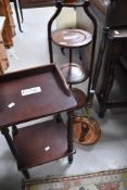 A traditional mahogany folding cake stand, occasional telephone type table and a warming pan