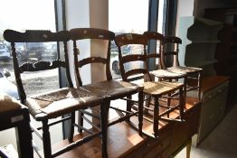 Five assorted 19th Century chairs including rush and seagrass seated, and railbacks