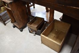 Two advertising crates, miliners drawer and a converted wine crate
