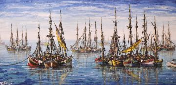 20th Century Continental School, oil on canvas, Moored fishing boats, signed 'Rodrig' to the lower
