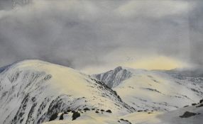 J (Jim) Ingham Riley (british, b.1928) watercolour, snow covered mountainous lakeland landscape,