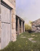 Jerry S. Waide (British, 1948) An oil on canvas painting titled Farm Buildings at Eccup, depicting