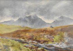 Unkown artist. This original watercolour features an atmospheric mountain scene, showing Ben