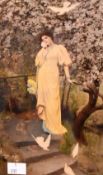 A late Victorian 'crystoleum' coloured Albumen print, an attractive young woman in yellow dress lost