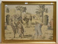 20th Century School, needlework embroidery, A Middle Eastern street scene, framed and under glass,