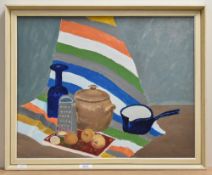 20th Century School, oil on board, A still life arrangement depicting onions beside a selection of