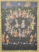 A large Indian/Mughal painting on material, laid down on board, depicting wedding celebrations