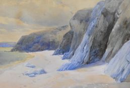 A 20th Century British School beach scene watercolour, entitled Penlee Sands, Bladeport, measuring
