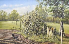 D.L Lawrence (Local Contemporary) oil on board, rural landscape with crows foraging at the corner of