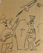 A 20th century satirical cartoon, black ink on paper, a baker and undertaker holding a coffin with