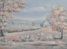 20th Century Continental School, coloured print, A French landscape with pink blossom, framed,