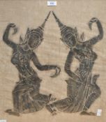 A Thai charcoal temple rubbing, depicting female dancers dressed in traditional costume, framed
