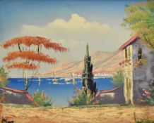 A colourful 1970's Mediterranean scene oil on canvas, probably a Greek or Italian coastal scene,