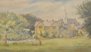 W.H. Brockbank (19th/20th Century), watercolour, A country house and its gardens with groundsmen