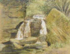 20th century British school, chalk study of a woodland waterfall study with green hues, signed