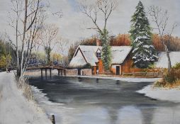 M.Williams (20th Century), oil on board, A winter landscape with cottage beside a river, signed to
