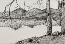 Neale Holden (20th Century, British), pen and ink, 'Derwentwater', a view from Friar's Crag, Lake