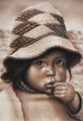 Artist unknown, a pleasing monochrome print depicting a young South American child, indistinctly